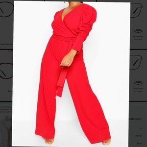 Red ruched puff sleeve wide leg jumpsuit
